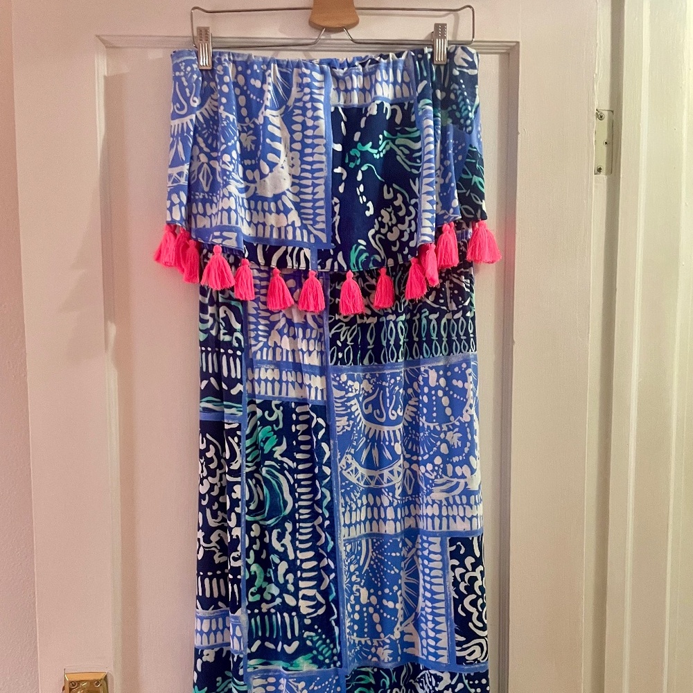 Lilly Pulitzer Meridian Deep Indigo Back Flounce Tassel Strapless Midi Dress L - Picture 2 of 8